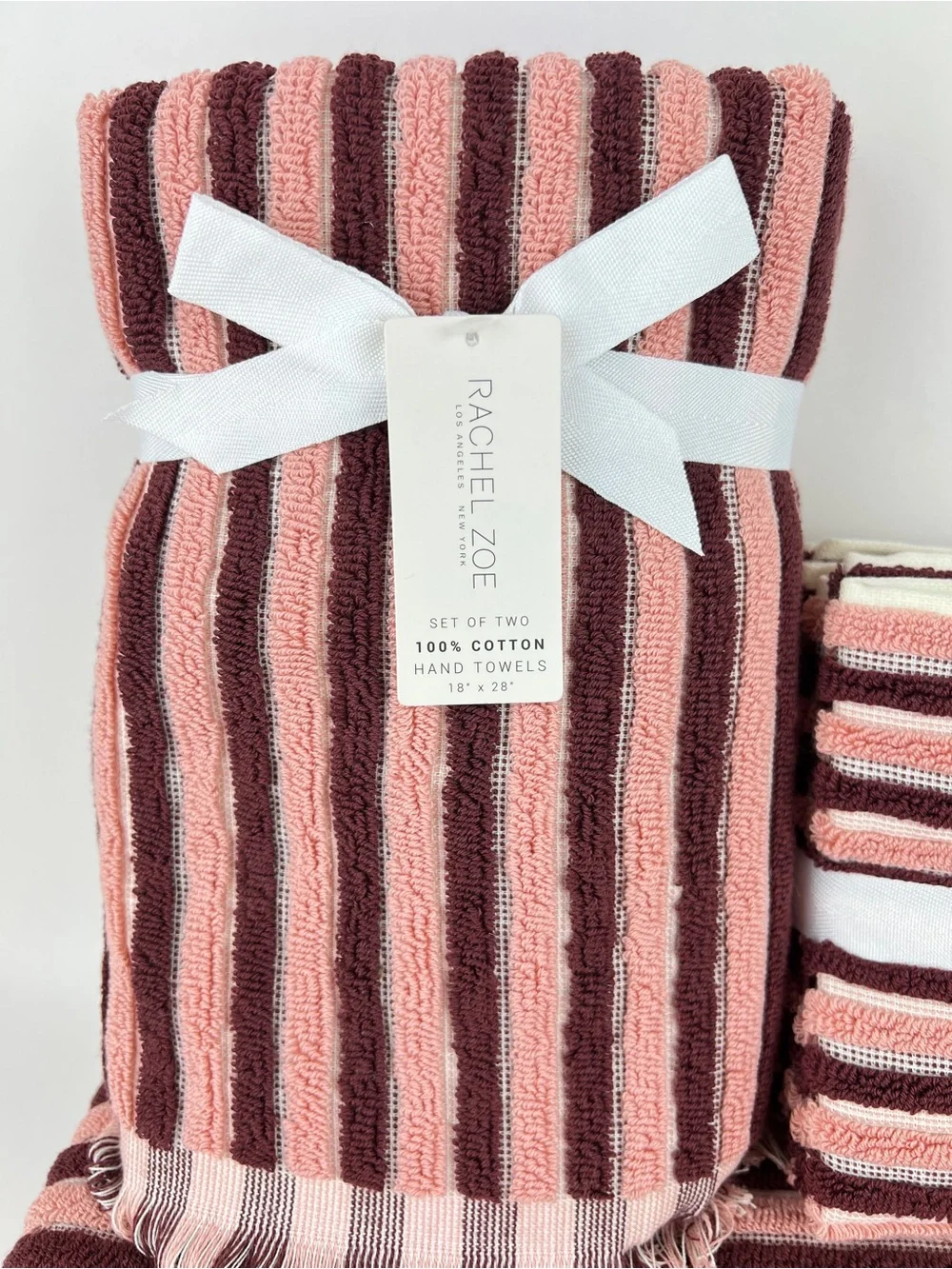 Rachel Zoe Bath Towel Set Pink Burgundy Cream Stripe & Fringe Cotton 8 Pc NEW